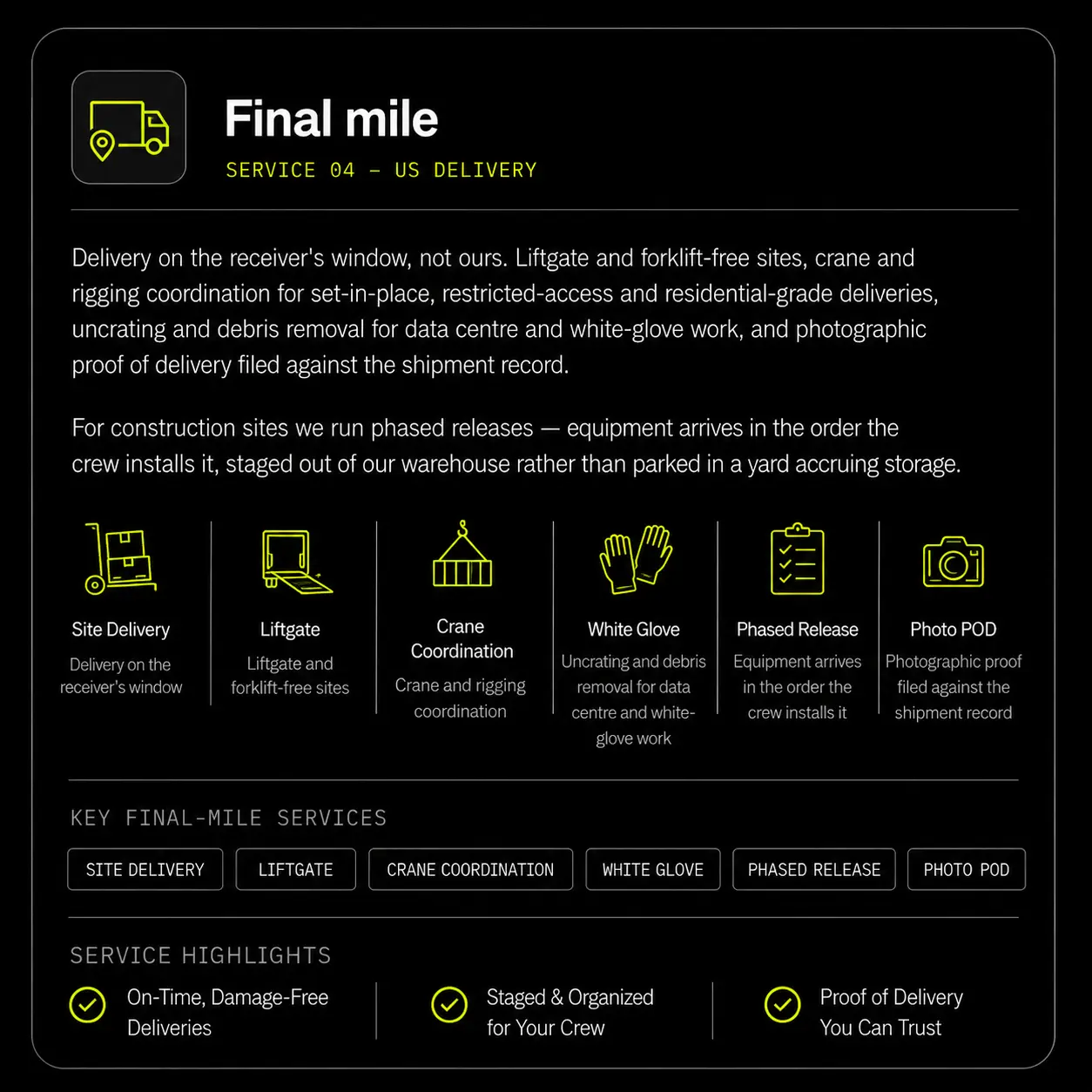 Over-the-road trucking details card