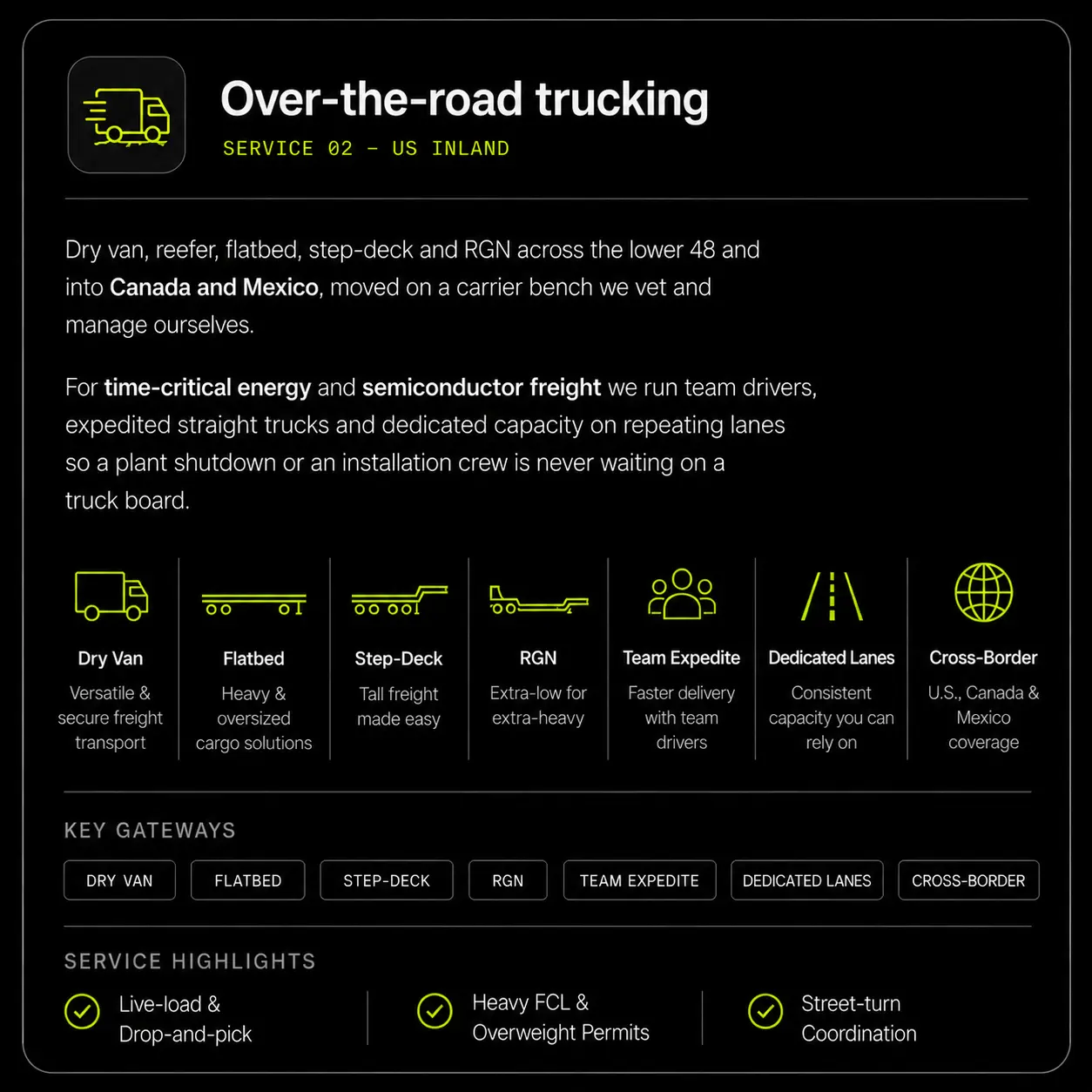 Over-the-road trucking details card